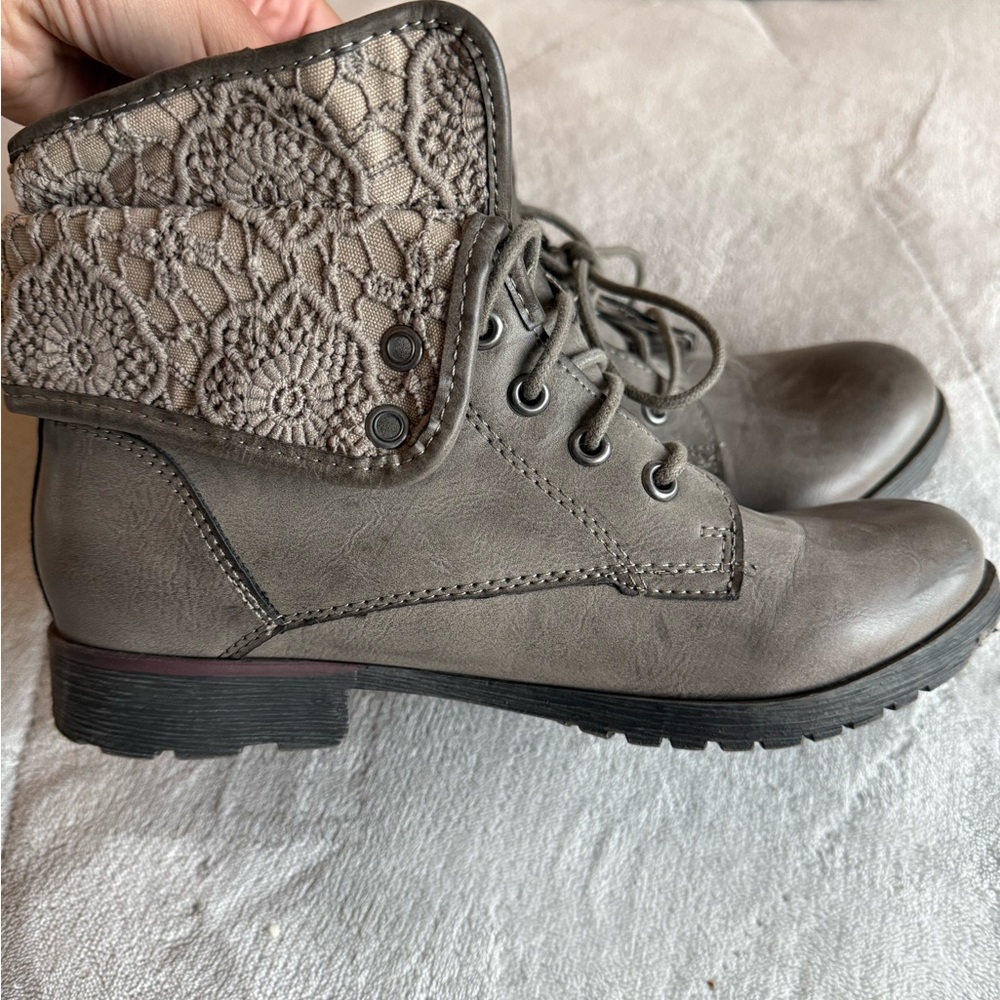 Gray Combat Moto Boots with Lace Overlay
